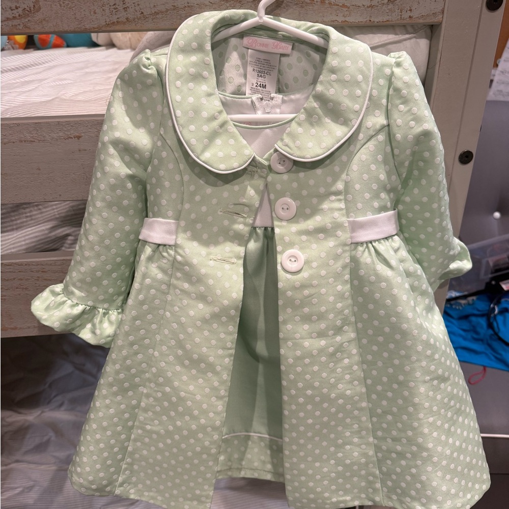 Bonnie Baby Mint Green Polka Dot Dress with overcoat size 24M